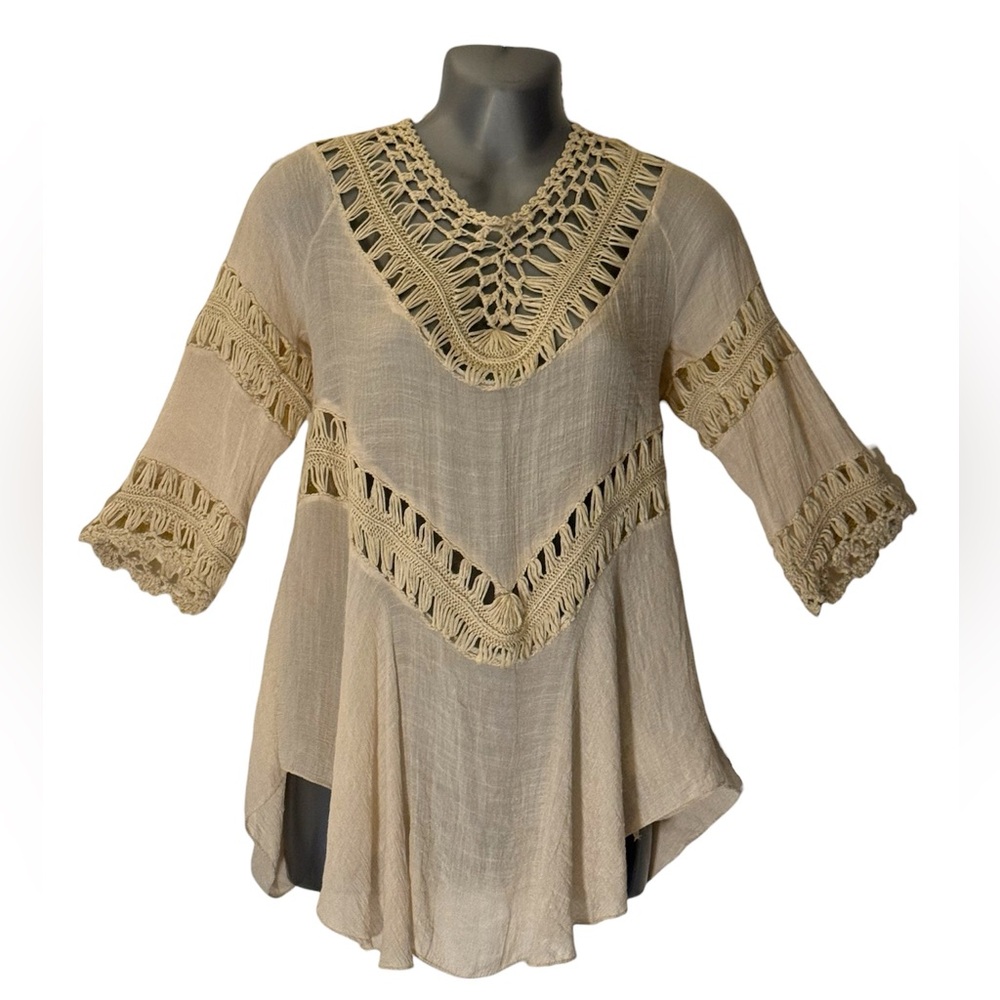 Chic Beige Crochet Women's Blouse